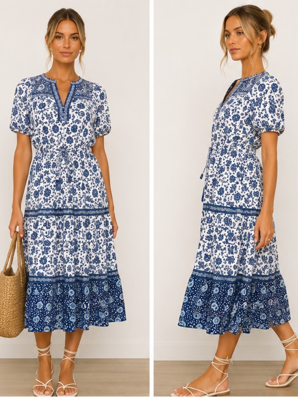 GAP Blue White Boho Floral Midi Dress Cottagecore Prairie Style Size M
